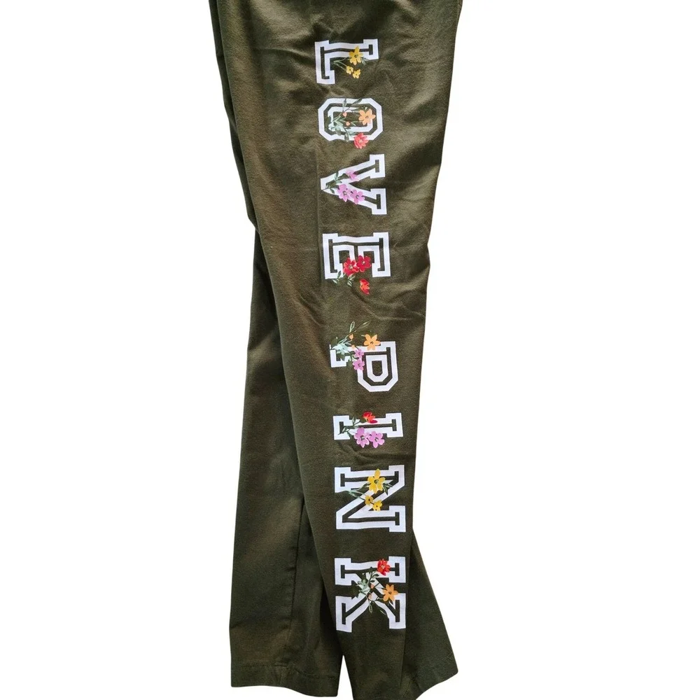 PINK‎ Victoria's Secret Olive Green Floral Logo Leggings L Athleisure